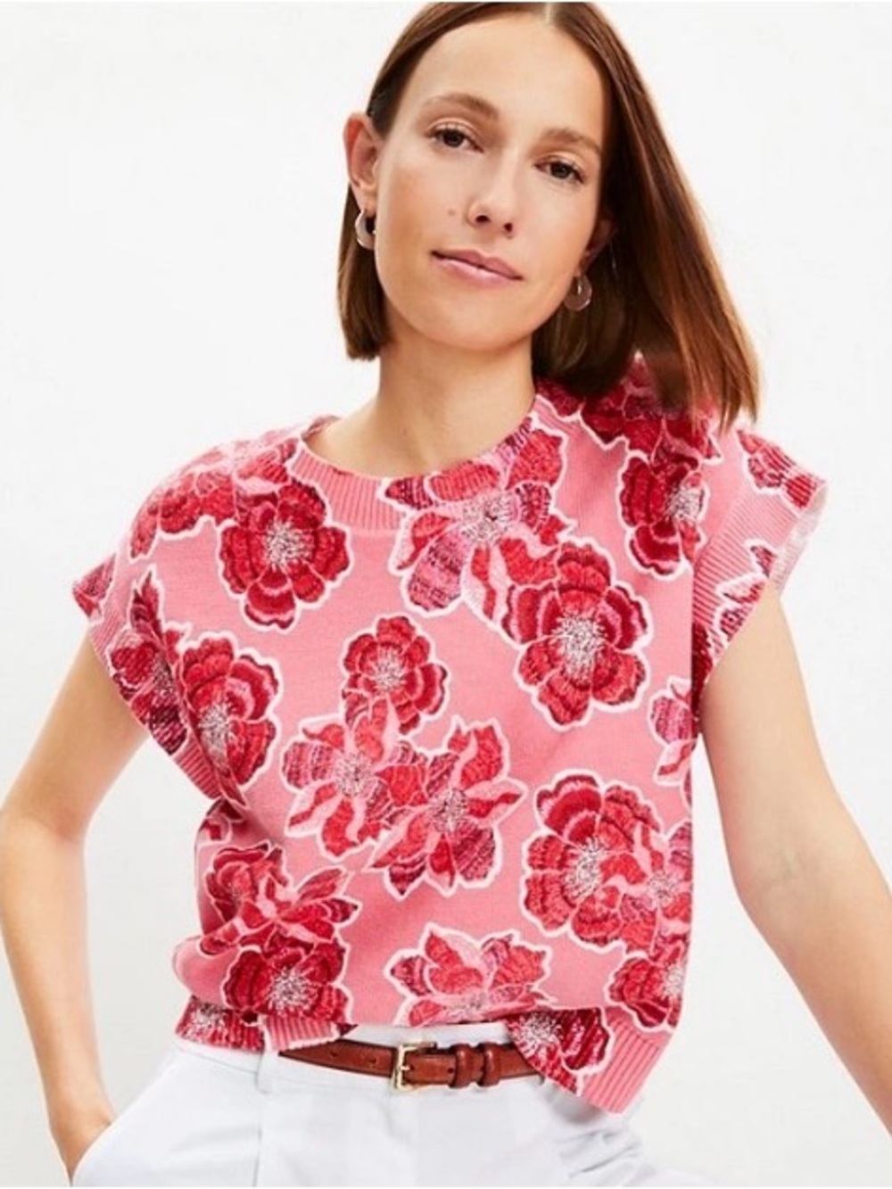 Pink floral 100% Cotton short sleeve Sweater - wedge sweater tee